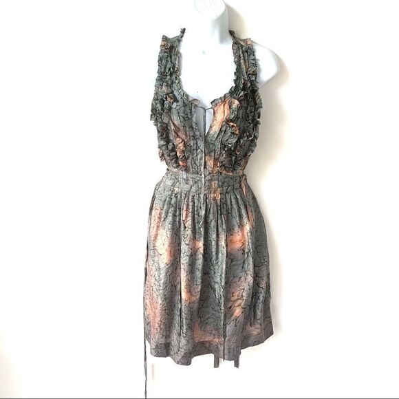 RUTZOU DANISH DESIGNER SILK DRESS MOSS/ PEACH - Picture 1 of 8